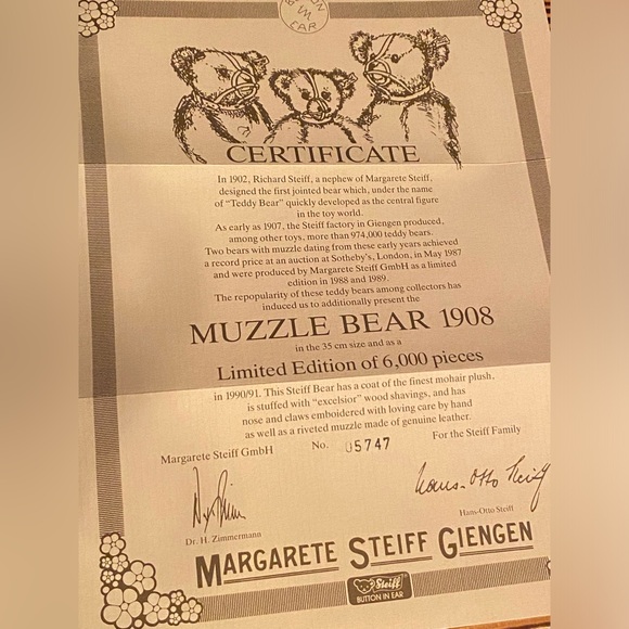 STEIFF 1990 LIMITED EDT. REPLICA 1908 MUZZLE BEAR/STEIFF 16cm MINI MUZZLE BEAR - Picture 9 of 15